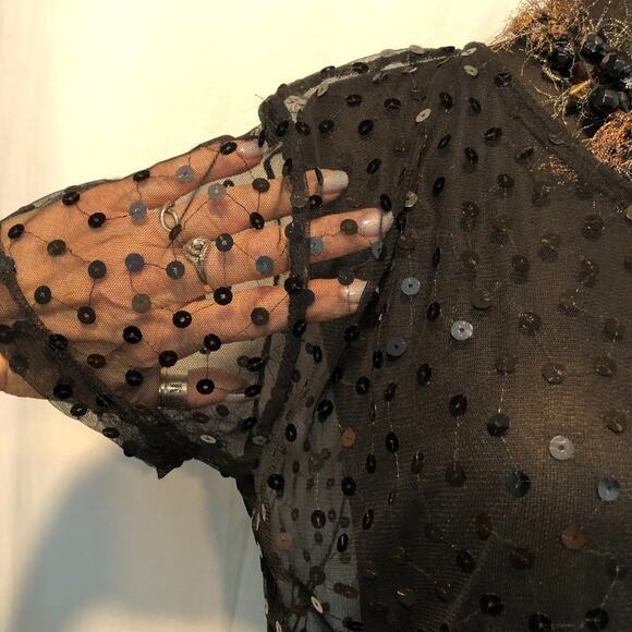 Cache Black Sheer Peek A Boo Mesh Sequin Encrusted Top Stretch Event Date - Picture 5 of 11